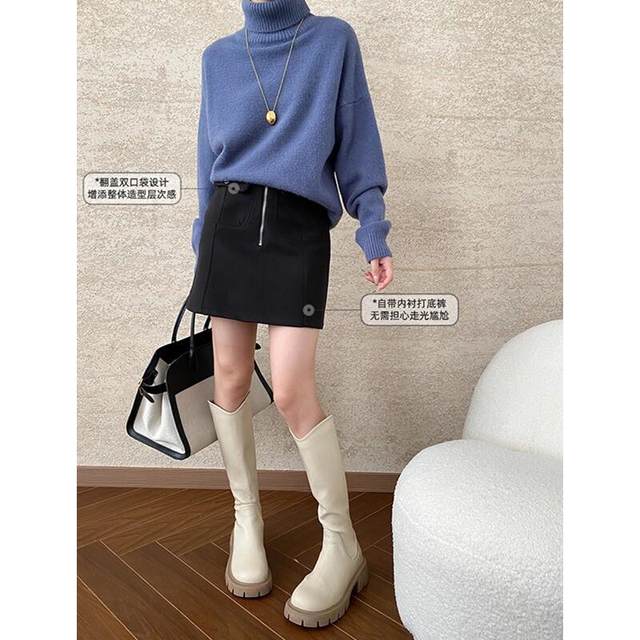 Sinan American street-style fashionable flip double pocket design high waist A-line woolen skirt SN65 new product
