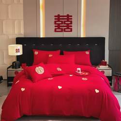 Wedding four-piece quilt pillow set, complete set of wedding bedding, complete set of red Chinese embroidery wedding quilt