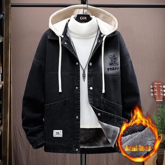 
2025 autumn and winter velvet thickened denim jacket boys students new trendy jacket hooded tops men's clothing