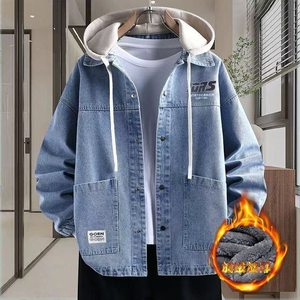 
2025 Autumn and Winter Denim Jackets for Boys and Teenagers Loose Hooded Jackets for Middle School Students Thickened Warm and Velvet Cotton Coats