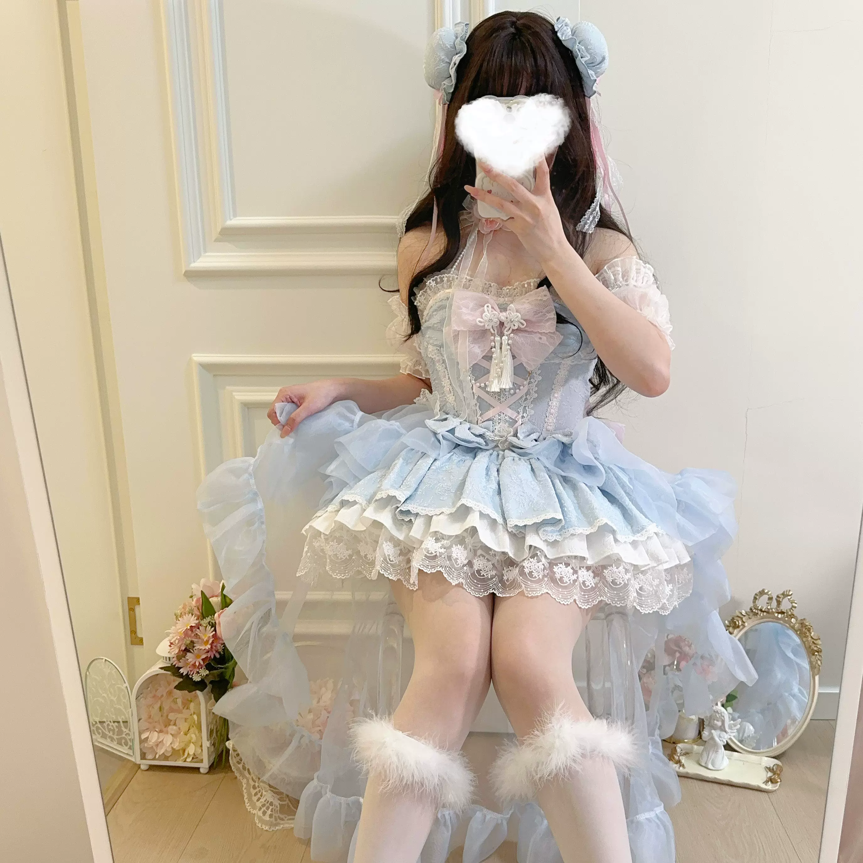 落雨繁花白糖少女新品原创设计lolita甜美洋装挂脖式连衣裙