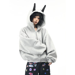 Original American-Style Dog Ear Design Hooded Sweatshirt for Men and Women, Loose Rivet Patchwork Couple's Cardigan Jacket for Autumn