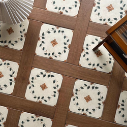 Vintage-Style Small Floral Tiles with Retro Wood Grain Edges, 20 Tiles for Balcony, Homestay, Café, Tea Room Interior, Non-Slip Floor Tiles