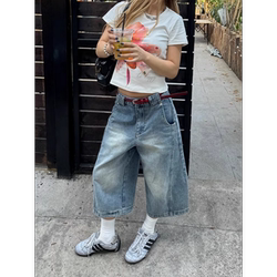 American High Street Vibe Scimitar Denim Shorts for Women, Versatile Casual High-Waisted Loose Slimming Wide-Leg Cropped Pants for Summer