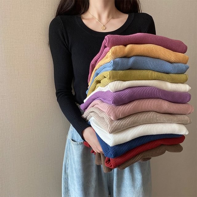 Large size fat mm solid color round neck long sleeve sweater autumn and winter new slim fit slim inner bottom shirt top for women