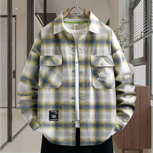 
Lapel denim jacket spring and autumn plaid washed youth jacket student boy loose Hong Kong style casual coat