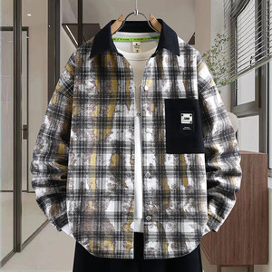 
Plaid long-sleeved spring and autumn youth denim jacket loose and handsome lapel junior high school student jacket older children's men's clothing