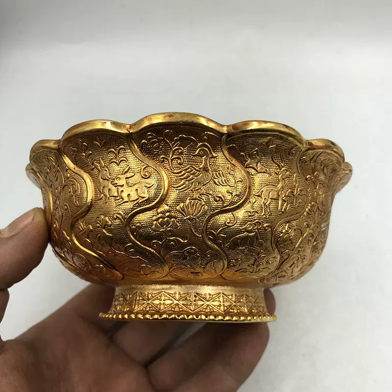 古玩老物件大唐贞观年造小鹿金碗摆件古代金器造型茶碗古董收藏品-Taobao