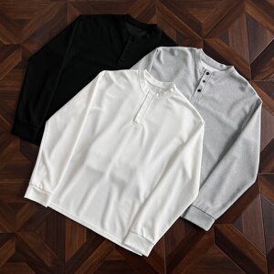 
Wukong is in stock waffle solid color high-end Henry collar long-sleeved T-shirt men's autumn couple loose versatile top