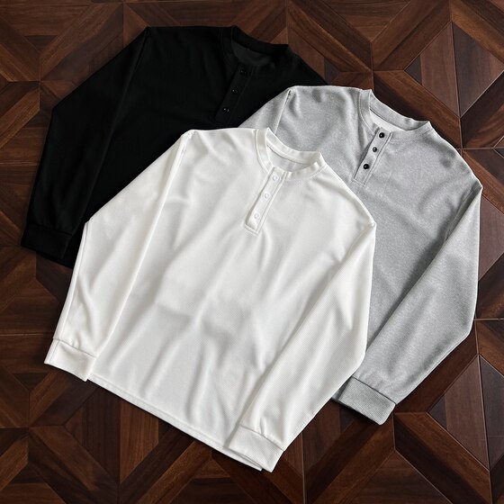 
Wukong is in stock waffle solid color high-end Henry collar long-sleeved T-shirt men's autumn couple loose versatile top