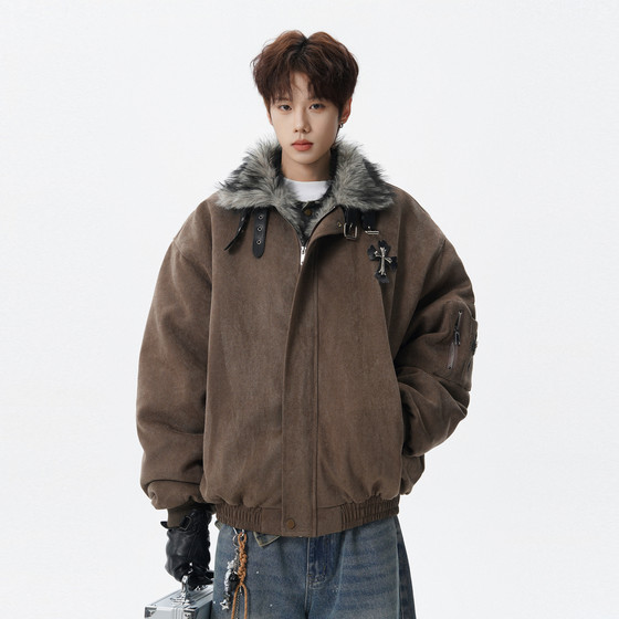 
Wukong is in stock. Winter mountain carving fur collar thickened cotton jacket for men, American retro couple warm casual cotton jacket.