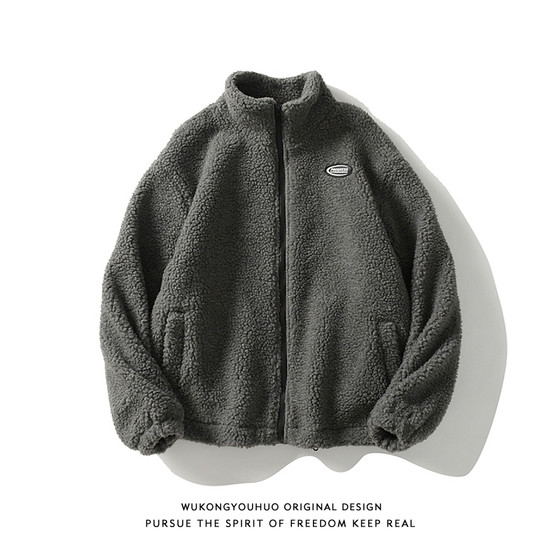 Goku available retro, simple lambs lambsca jacket men's tide brand street loose plush, keep warm couple cotton jacket