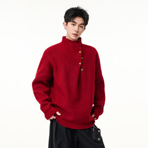 
Wukong is in stock, retro niche irregular stand-up collar sweater for men and women, trendy brand loose couple Christmas red sweater