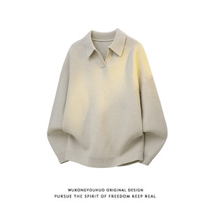 
Wukong is in stock, retro high-end old money style lapel sweater for men, autumn trendy brand couple, loose casual sweater