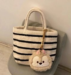 Indian Hand-Woven Small Tote Bag Lunch Bag 2023 New Cotton Striped Bag Cartoon Pendant Bag