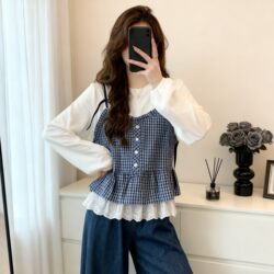 Age-Reducing Niche Design Plaid Color-Block Shirt for Women, Spring Fashion, Plus-Size, Versatile, Stylish, Faux Two-Piece Shirt
