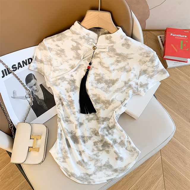White new Chinese style tie-dye short-sleeved T-shirt for women in 2025 summer new stand collar to make them look slim and cover the flesh and shoulder top