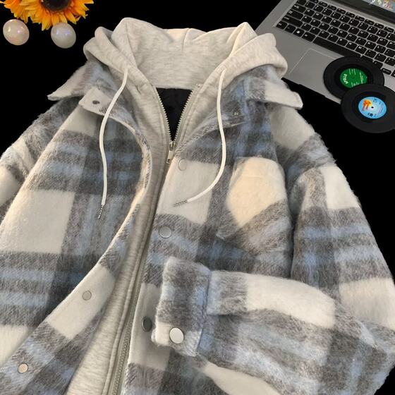 
Autumn and winter 2024 new cotton coats for men and women fake two-piece plaid small fragrance couple coats American retro cotton coats