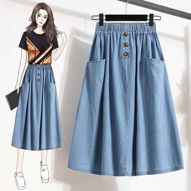 Denim skirt elastic waist solid color 2023 spring and summer new style literary mid-length large pocket button a-line skirt