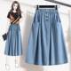 Denim skirt elastic waist solid color 2023 spring and summer new style literary mid-length large pocket button a-line skirt