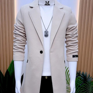 
New autumn and winter men's mid-length windbreaker Korean version slim fashion high-end woolen thickened cotton coat jacket