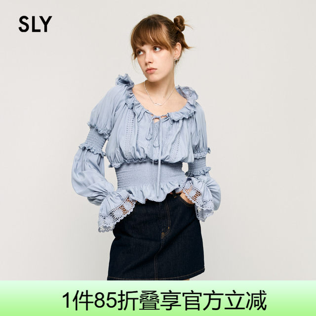 SLY Sweet Lady Style One-Line Collar Bow Flap Sleeve Lace Lace Shirt Women 038HAZ30-0281