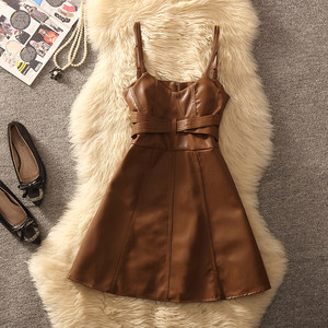 
Suspender dress women's 2026 spring and autumn new Korean style slim waist slimming mid-length pu leather a-line vest dress