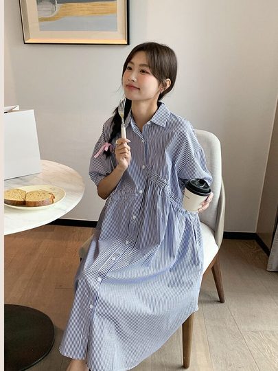 Nuochu Favorite Cotton Striped Shirt Skirt Maternity Dress - Summer Korean Style Nuochu Favorite Cotton Striped Shirt Skirt Maternity Dress - Summer Korean Style