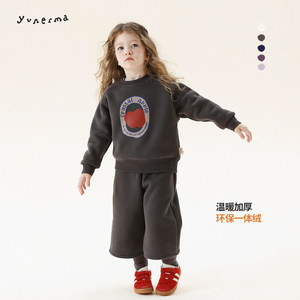 Baby winter velvet printed sweatshirt fake two-piece pants suit Yuner's mother girl's warm top thickened boot pants