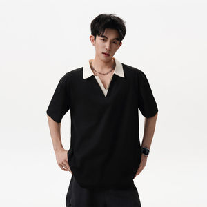 
Trendy brand contrasting fake two-piece polo shirt men's summer retro college style sports short-sleeved high street versatile casual top