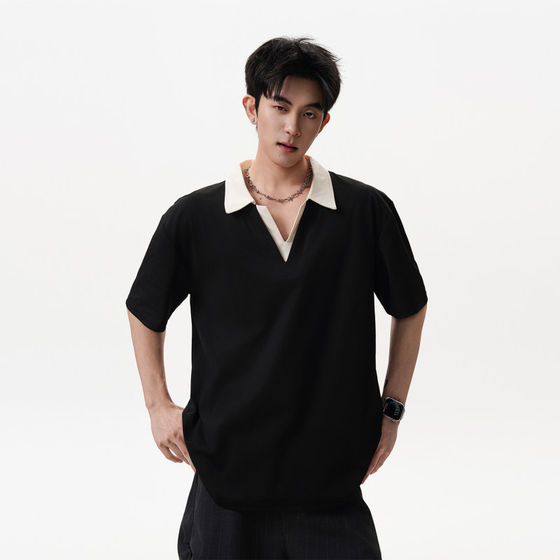 
Trendy brand contrasting fake two-piece polo shirt men's summer retro college style sports short-sleeved high street versatile casual top