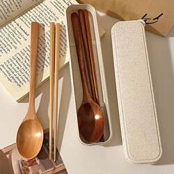 Three-Piece Tableware Set, Portable Chopsticks and Spoon Set, Wooden Chopsticks for Office Workers, Single-Person Tableware, Student Storage Box