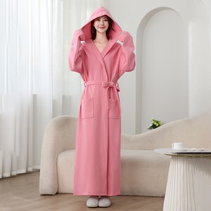 
Bathrobe women's pure cotton water-absorbing all-season hooded bathrobe all-cotton pajamas spring and autumn extended men's nightgown