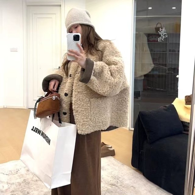 Womens Thickened Lamb-Mohair Leather And Fur All-in-One Biker Jacket