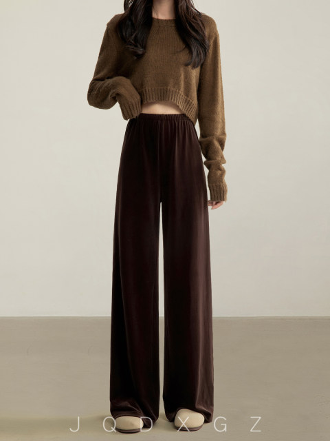 Rise small coffee color wide -leg velvet pants female spring and autumn, thin pear -shaped figure pants high -waist straight pants