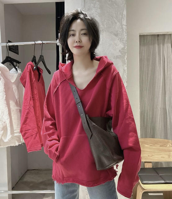 Women Autumn Solid Spliced Hooded Cotton Sweatshirt AV1011