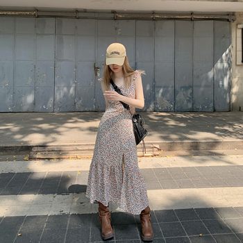 
Fat mm sexy and feminine slimming floral suspender dress female summer new style pinch waist super good-looking temperament long skirt