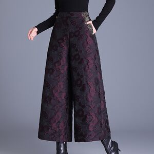 
National style embroidered jacquard down cotton pants for women in autumn and winter, mother's high waist loose outer wear wide leg straight flower bud pants
