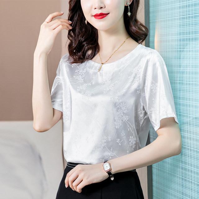 Hangzhou heavyweight silk short-sleeved T-shirt women's summer mom ...