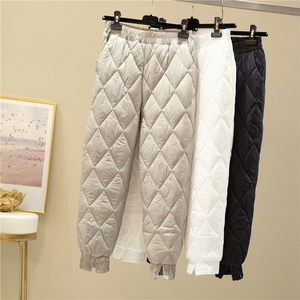 
Korean thin down cotton pants for women 2025 autumn and winter new diamond-shaped plus velvet feet slit straight-leg versatile casual pants