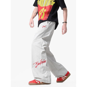 
Light gray trendy brand embroidered casual pants for men's summer American retro wide-leg sports pants design and functional quick-drying pants