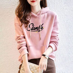 Jimo Pure Cotton Hooded Sweatshirt for Women, New Autumn and Winter Korean Style Trendy Printed Versatile Casual Fleece Top with Regular Shoulders