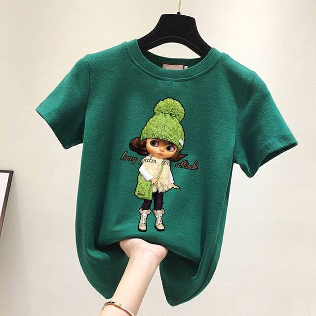 Jimo pure cotton breathable short-sleeved T-shirt for women in summer Korean high-end loose fashionable green printed pullover top trendy
