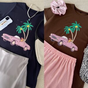 
Special offer no return NYTSTUDIO slightly fat right shoulder T-shirt loose summer coconut tree print round neck short sleeve women's large size