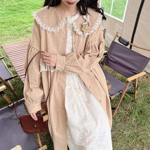 
Forest retro girlish doll collar windbreaker jacket mid-length lotus leaf lace sweet lantern sleeve coat