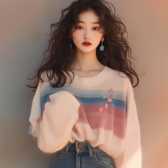 Rainbow striped round neck long sleeve sweater knitted sweater women's design niche high-end top women's new 2024 style
