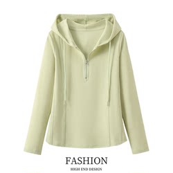 Autumn Plus-Size Half-Open Collar Hooded Sweatshirt for Women, Slimming, Versatile, Stylish, Asymmetrical Shoulder, Long-Sleeved T-Shirt Top