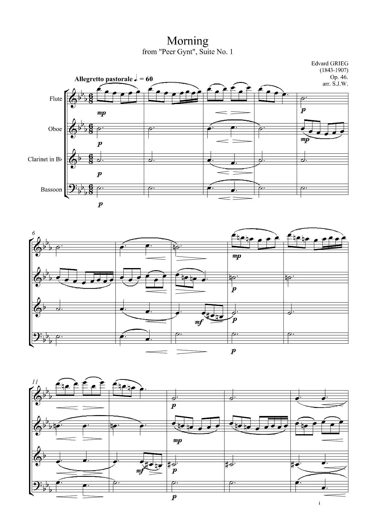 格里格 晨曲 morning 长笛单双簧管巴松木管四重奏乐谱 总谱 分谱