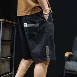 Men's Japanese Retro Patchwork Casual Shorts with Webbing, American Style Trendy Straight-Leg Mid-Length Beach Shorts