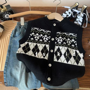 
Spring children's knitted vest cardigan 2026 new boys and girls rhombus jacket baby casual sweater sweater